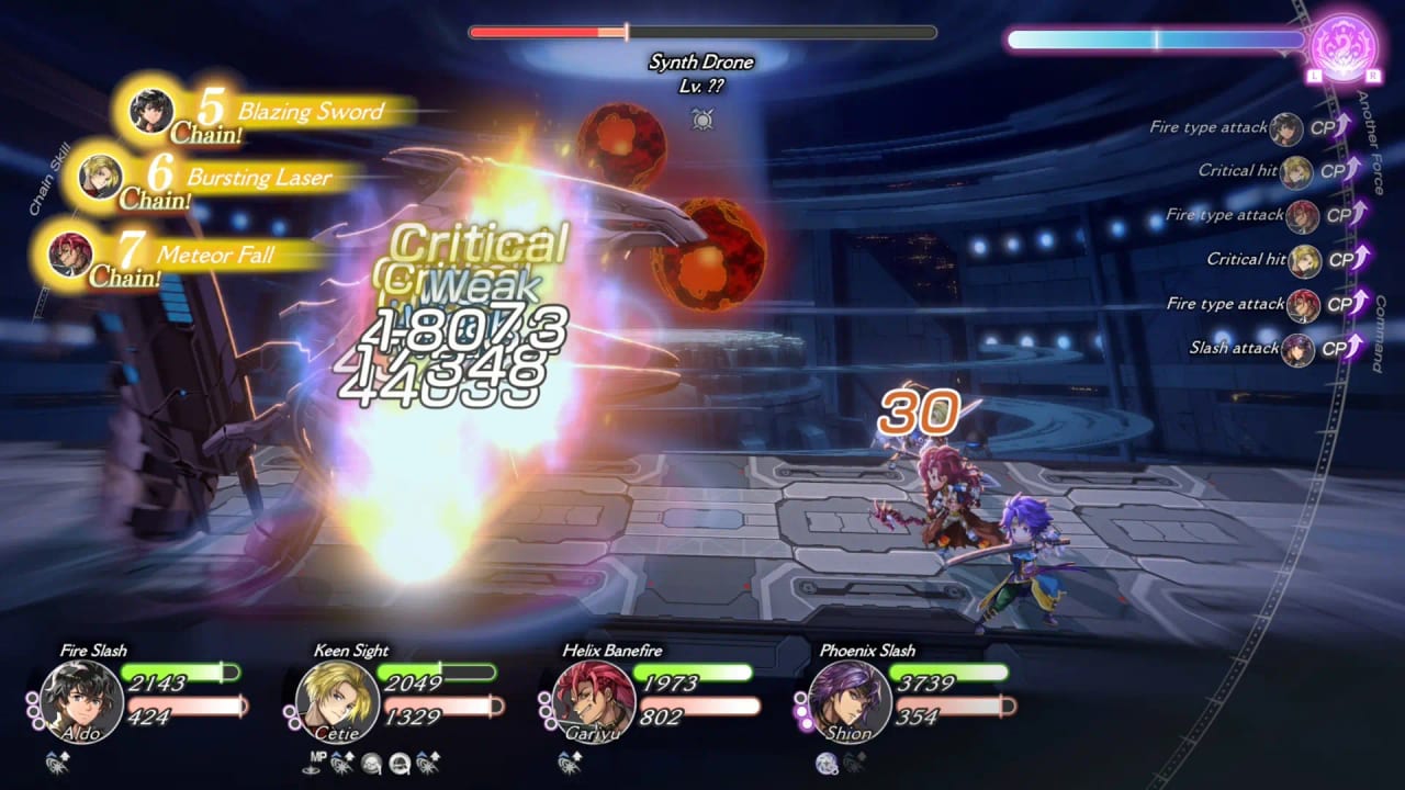 Aldo, Cetie, Gariyu, and Shion chaining skills against a synth drone in Another Eden Begins combat