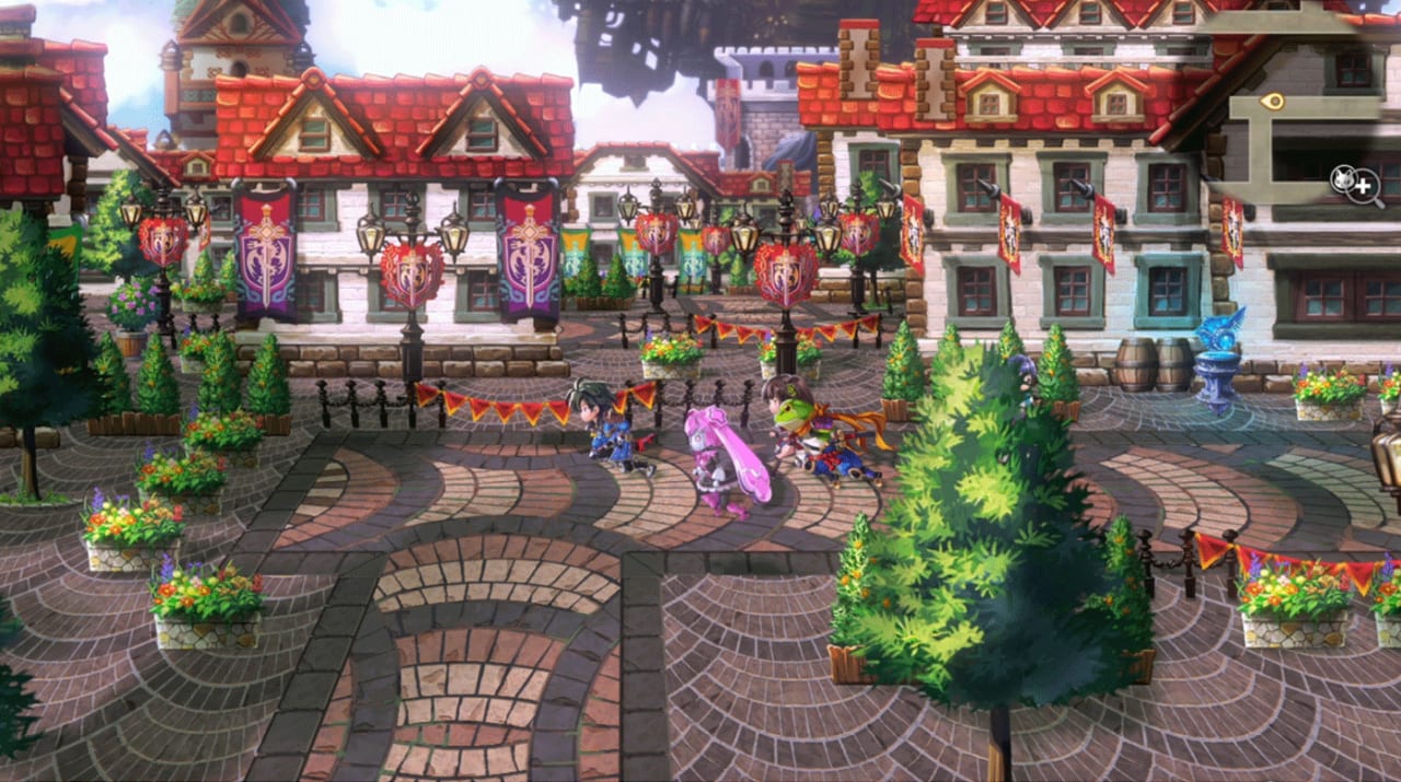 Aldo and companions walking a banner-lined town square in Another Eden Begins, with the minimap HUD visible